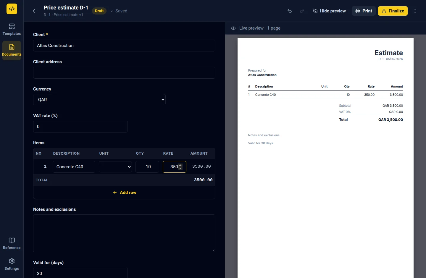 Rebar Studio filling a sample price estimate for Atlas Construction, with calculated line items and a document preview
