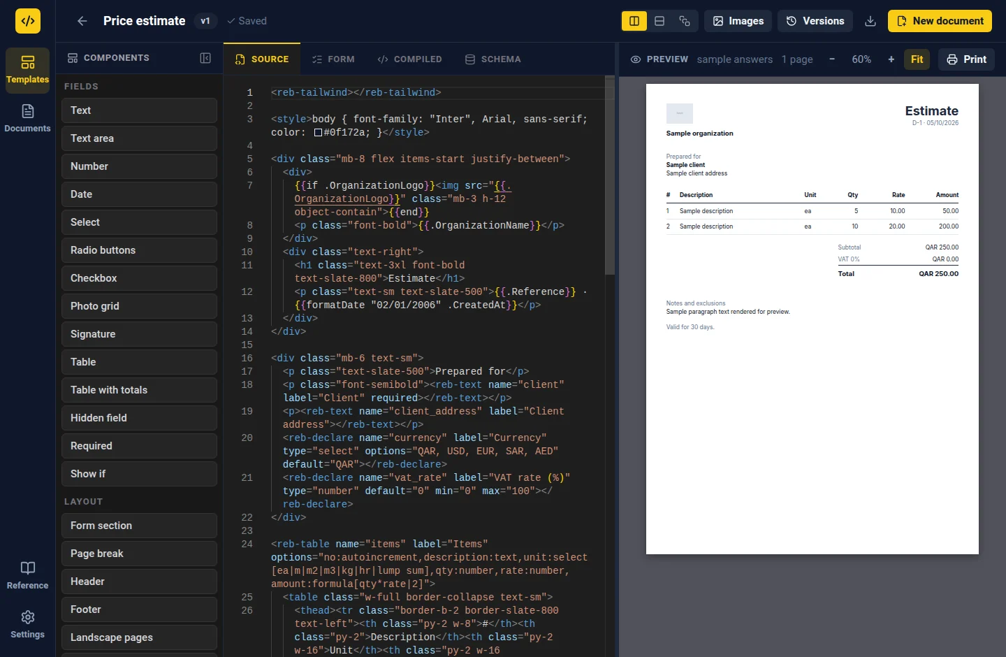 Rebar Studio editing a price estimate template, with .reb source on the left and a live document preview on the right